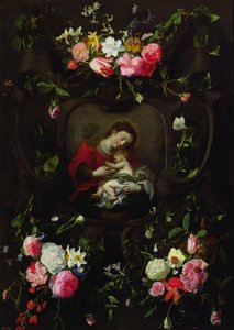 Jomfruen og barnet i en krans av blomster